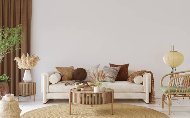 makieta wnętrza domu z przytulną sofą na białym tle ściennym, render 3d - cushion sofa pillow indoors zdjęcia i obrazy z banku zdjęć