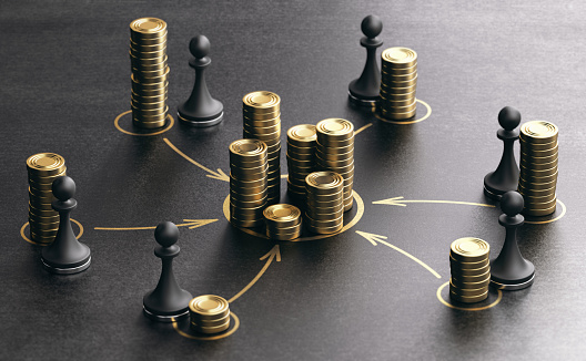 Concept of Funding, Financing Business Project. 3D illustration of generic golden coins and pawns over black background.