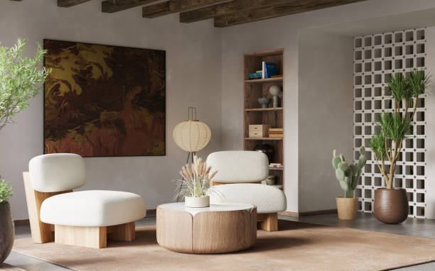 istock Interior design of modern apartment. Wabisabi style, 3d render 1369580249