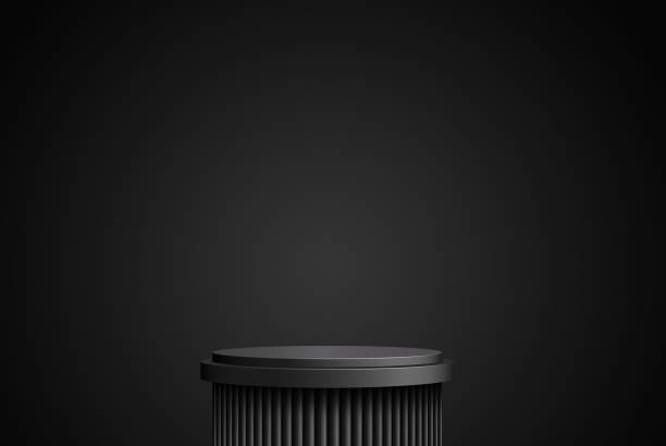 istock Luxurious round black podium in a black empty room. Abstract vector rendering of a 3d shape for the presentation of cosmetic products. Minimal stage, studio. 1369582605
