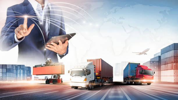 istock Businessman touching virtual screen world map of Global logistics network distribution, Container cargo freight ship at industrial port for logistics Import export background, Smart technology concept 1369585330