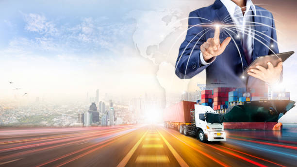 istock Businessman touching virtual screen world map of Global logistics network distribution, Container cargo freight ship at industrial port for logistics Import export background, Smart technology concept 1369585376