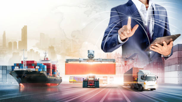 istock Businessman touching virtual screen world map of Global logistics network distribution, Container cargo freight ship at industrial port for logistics Import export background, Smart technology concept 1369585413