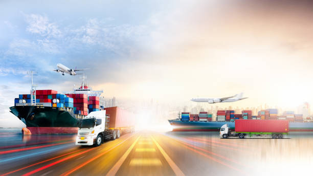 istock Global business logistics import export and container cargo freight ship, cargo plane, container truck on highway at city background with copy space, transportation industry concept 1369585558