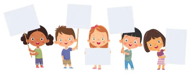 Vector illustration of Funny Children Holding Placard