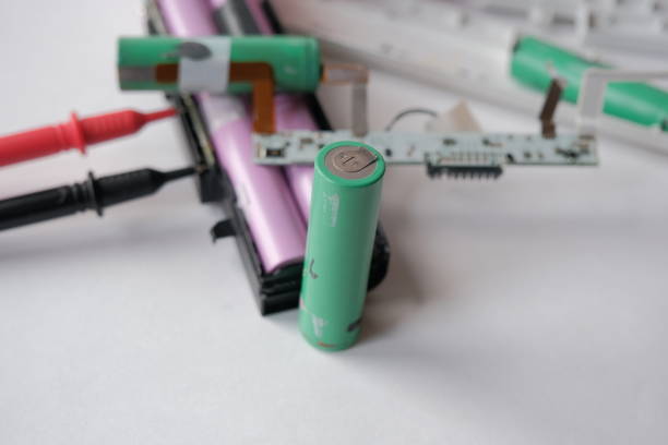 istock 18650 rechargeable battery. size A lithium rechargeable 18650 battery from disassembled battery pack 1369585672