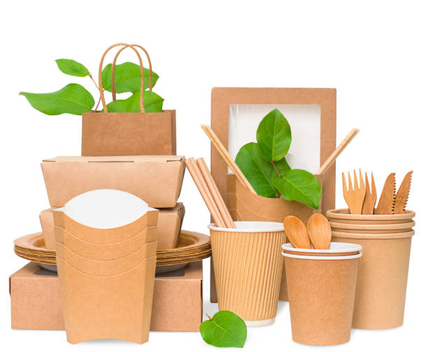 istock Eco friendly different food containers from paper isolated on white background. Plastic free. Zero waste. 1369586125