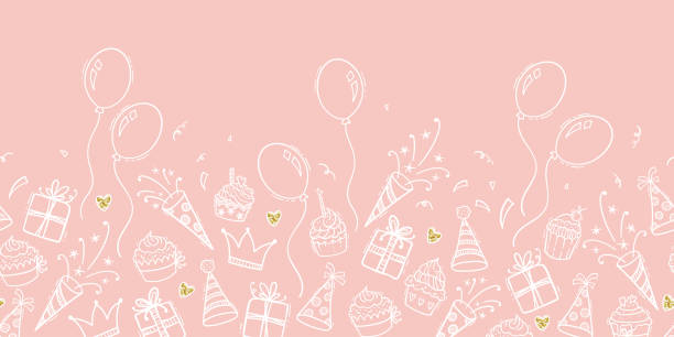ilustrações de stock, clip art, desenhos animados e ícones de fun hand drawn party seamless background with cakes, gift boxes, balloons and party decoration. great for birthday parties, textiles, banners, wallpapers, wrapping - vector design - pink background frame femininity pink