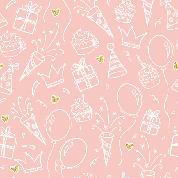 ilustrações de stock, clip art, desenhos animados e ícones de fun hand drawn party seamless background with cakes, gift boxes, balloons and party decoration. great for birthday parties, textiles, banners, wallpapers, wrapping - vector design - party hat birthday confetti streamer