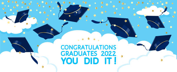 Congratulations graduates Graduation festive traditional outdoor ceremony throwing up academic hats. Grads caps flying in the air over the clouds, gold confetti. Congratulations graduates 2022, you did it vector banner, poster graduation stock illustrations
