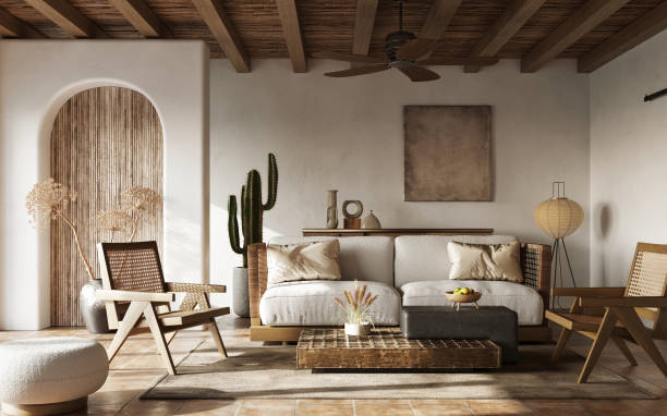 istock Interior design of modern apartment. Wabisabi style, 3d render 1369587031