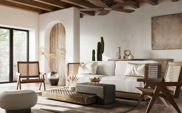 istock Interior design of modern apartment. Wabisabi style, 3d render 1369587083