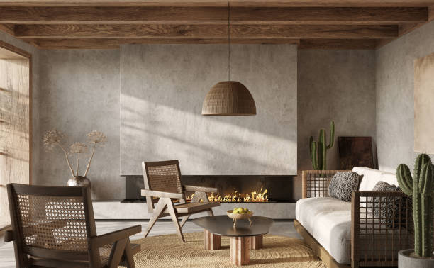 istock Interior design of modern apartment. Wabisabi style, 3d render 1369587084