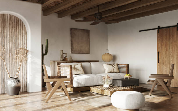 Interior design of modern apartment. Wabisabi style, 3d render