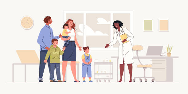illustrazioni stock, clip art, cartoni animati e icone di tendenza di accoglienza pianificata di genitori con bambini in clinica. - ambulatorio medico