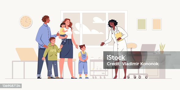 istock Planned reception of parents with children in clinic. 1369587134