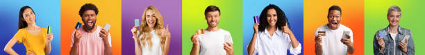 istock Excited diverse people using smart phones showing credit cards 1369587342