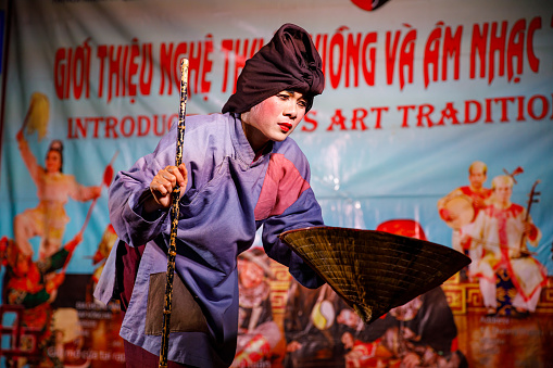 Nha Trang, Vietnam - July 11, 2015: Performing of a traditional folk dance of champa at the Ponagar temple in Nha Trang