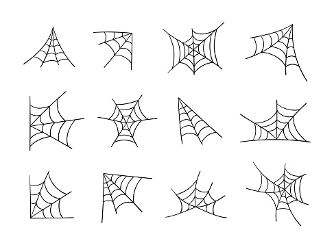 Hand drawn set of spider web. Halloween cobweb, scary elements for decoration. Outline vector illustration.
