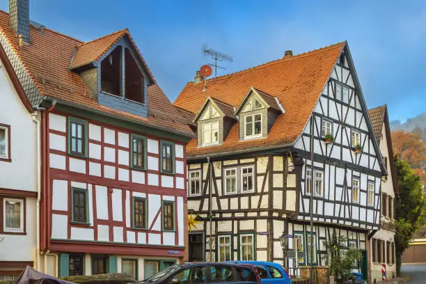 Street with historic half-timbered houses in Gelnhausen, Germany