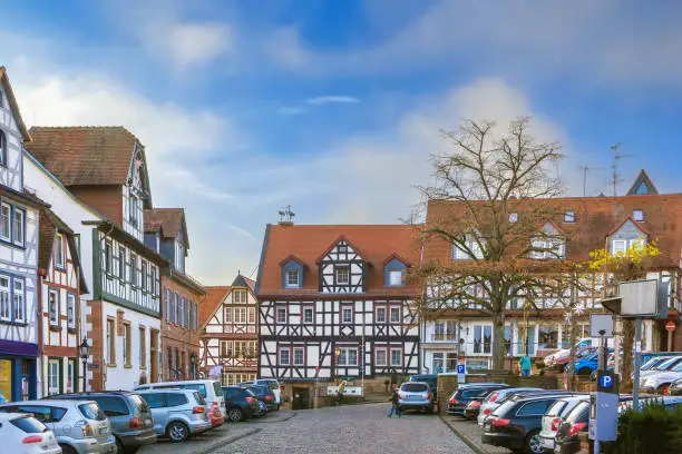 Square with historic half-timbered houses in Gelnhausen, Germany
