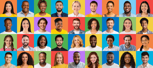 istock Multicultural community concept. Collage of smiling diverse people headshots over bright studio backgrounds, banner 1369591644
