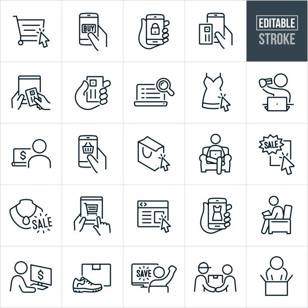 Online Shopping Thin Line Icons - Editable Stroke A set of online shopping icons that include editable strokes or outlines using the EPS vector file. The icons include a shopping cart with cursor, hand holding a smartphone with a buy button on the screen, a hand holding a mobile phone with a shopping basket on the screen, a smartphone next to a credit card, person purchasing online using a tablet pc and a credit card, hand holding a credit card, online search using laptop computer, cursor arrow clicking on a dress online, person at computer holding credit card while shopping online, person at laptop computer shopping, shopping bag with cursor arrow, person sitting in chair at home shopping from computer, online sale, jewelry on sale, person holding tablet pc with shopping cart on screen, online product advertisement, person shopping online from desktop computer, shipping box with shoes, person excited to save while shopping from computer, quick delivery and a delivery person delivering package to customer. order stock illustrations