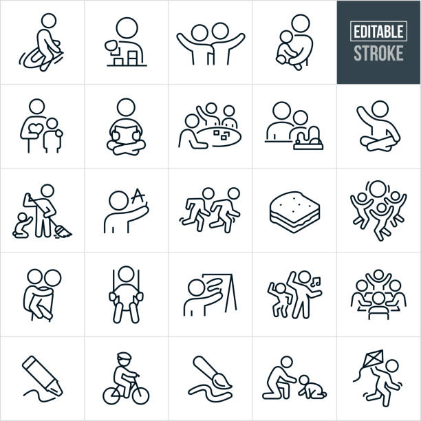 Child Care Thin Line Icons - Editable Stroke A set of child care icons that include editable strokes or outlines using the EPS vector file. The icons include kids at day care or child care. They include a child jumping rope, child stacking blocks, the kids with arms around each others shoulders waving, a day care worker holding a toddler on hip, day care worker with arm around shoulder of child, child sitting cross-legged and reading book, child care worker at table with other kids, day care worker sweeping while toddler reaches up to be picked up, child writing letters, two children running, a sandwich for lunch, children playing with a big ball, child getting piggy back ride, child on swing, child painting on easel, two kids dancing to music, kids seated at a learning table, paint brush, crayon, child riding bicycle, day care worker picking up a crawling toddler and a child flying a kite. children stock illustrations