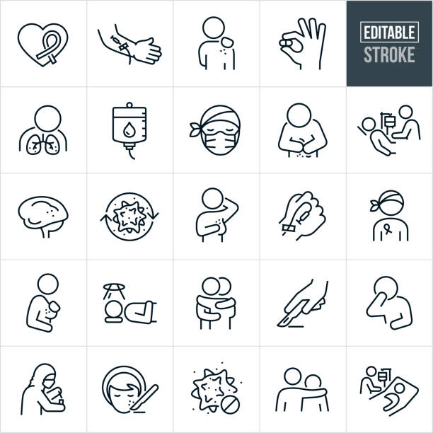 ilustrações de stock, clip art, desenhos animados e ícones de cancer thin line icons - editable stroke - cancer chemotherapy drug patient women