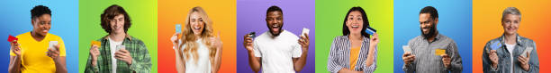 istock Row of excited multicultural people using cellphone and credit card 1369592969