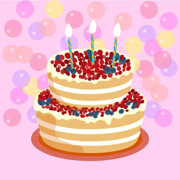 Vector illustration of birthday cake with candles, pink background with soap bubbles