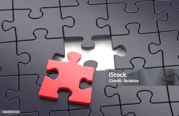 Red Missing Puzzle Piece Among Dark Ones Stock Photo - Download Image Now - Failure, Individuality, Jigsaw Piece