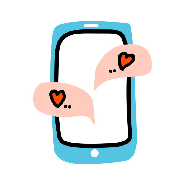 istock Valentines Day doodle icon mobile phone with speech bubbles and heart. Internet talk, chat, Love decoration. Hand drawn, line art, flat and lettering vector for web, card, sticker 1369593163