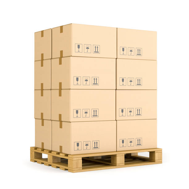 Stack of cardboard boxes on wooden pallet stock photo