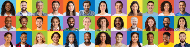 istock Friendly smiling multiracial people looking at webcam on colored backgrounds, panorama 1369594596