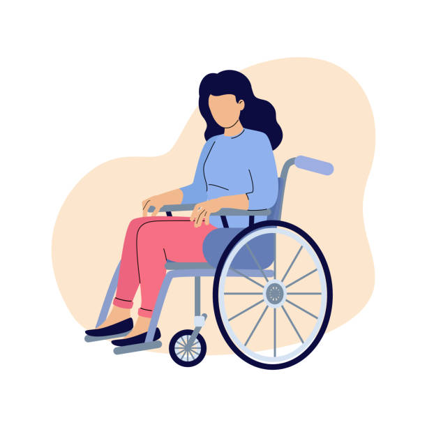 illustrazioni stock, clip art, cartoni animati e icone di tendenza di donna disabile è seduta in sedia a rotelle - sedia a rotelle