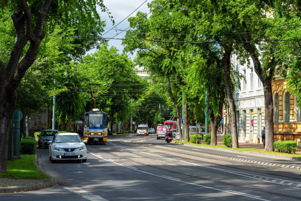 Szeged, Hungary, June 29: Busy urban traffic on a bright sunny day, on one of the streets of the city of Szeged, on June 29, 2018.