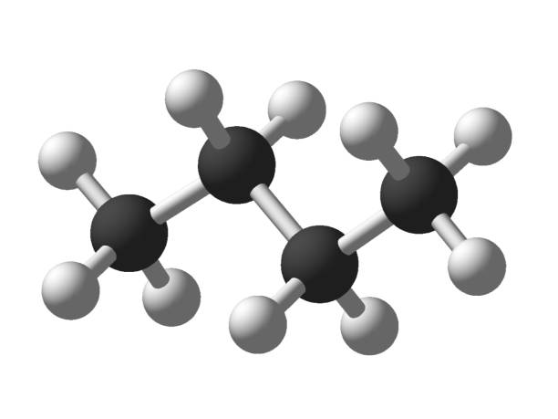 struttura molecolare 3d del butano isolata su fondo bianco chimica molecola atomo - hydrogen bonding foto e immagini stock