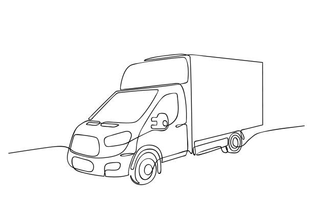 Modern truck. One continuous line drawing. Delivery of goods by trucks. Cargo taxi. Courier cargo van. Business for express delivery of goods, food, parcels. Sketch, linear drawing Modern truck. One continuous line drawing. Delivery of goods by trucks. Cargo taxi. Courier cargo van. Business for express delivery of goods, food, parcels. Sketch, linear drawing truck drawings stock illustrations