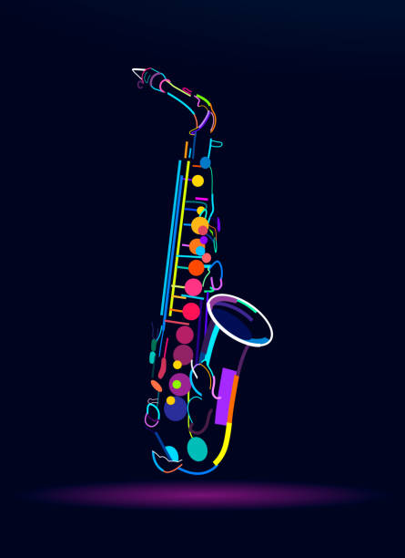 여러 가지 빛깔의 페인트에서 추상 색소폰, 다채로운 드로잉 - brass instrument jazz brass trumpet stock illustrations