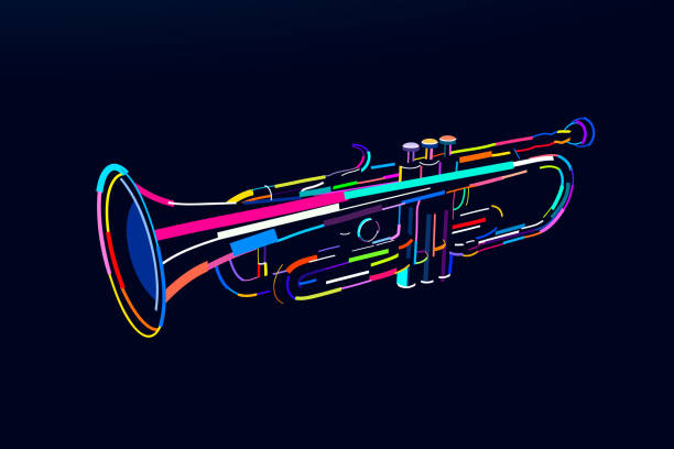 abstraktes trompetenblasinstrument aus mehrfarbigen farben. farbige zeichnung - trumpet stock-grafiken, -clipart, -cartoons und -symbole