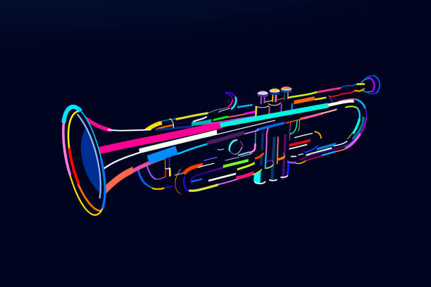 illustrations, cliparts, dessins animés et icônes de instrument de musique à vent de trompette abstrait à partir de peintures multicolores. dessin coloré - trompette