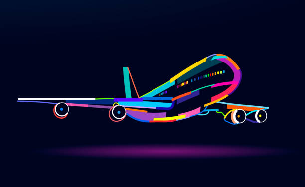 ilustraciones, imágenes clip art, dibujos animados e iconos de stock de avión abstracto, avión de pasajeros, avión comercial de pinturas multicolores - global business taking off commercial airplane flying