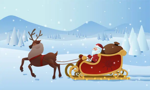 Vector illustration of Vector new year card with santa claus in sleigh and reindeer in harness