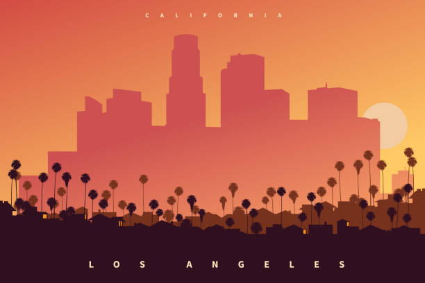 downtown los angeles skyline bei sonnenuntergang, kalifornien, usa. eine kreative vektorillustration im posterstil - los angeles county stock-grafiken, -clipart, -cartoons und -symbole