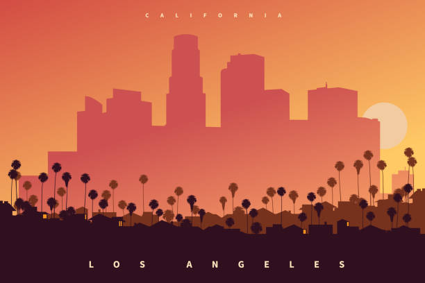 stockillustraties, clipart, cartoons en iconen met downtown los angeles skyline at sunset, california, usa. a poster style creative vector illustration - los angeles