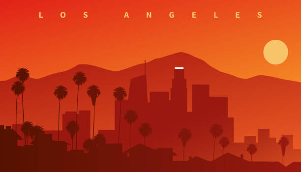 Downtown Los Angeles at sunset. Skyline silhouette with mountains in the background and palms in the foreground, California, USA vector art illustration