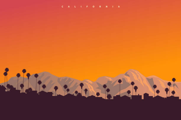 ilustraciones, imágenes clip art, dibujos animados e iconos de stock de pintoresca puesta de sol en algún lugar sobre california, estados unidos. ilustración vectorial de estilo postal original - los ángeles