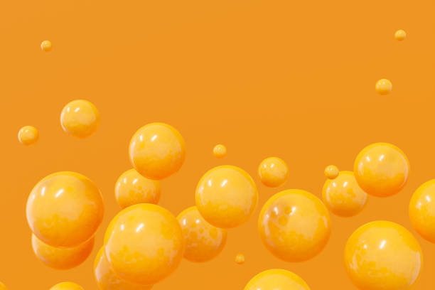 Abstract background with 3d spheres orange colors. Horizontal format for your design. 3d rendering illustration on orange background.