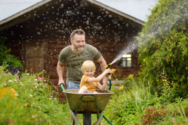 따뜻한 화창한 날에 국내 정원에서 아빠에 의해 밀어 수레에 재미를 행복한 어린 소년. 뒷마당에서 아이들과 함께 가족을위한 활동적인 야외 게임 - enjoyment growth gardening equipment human age 뉴스 사진 이미지